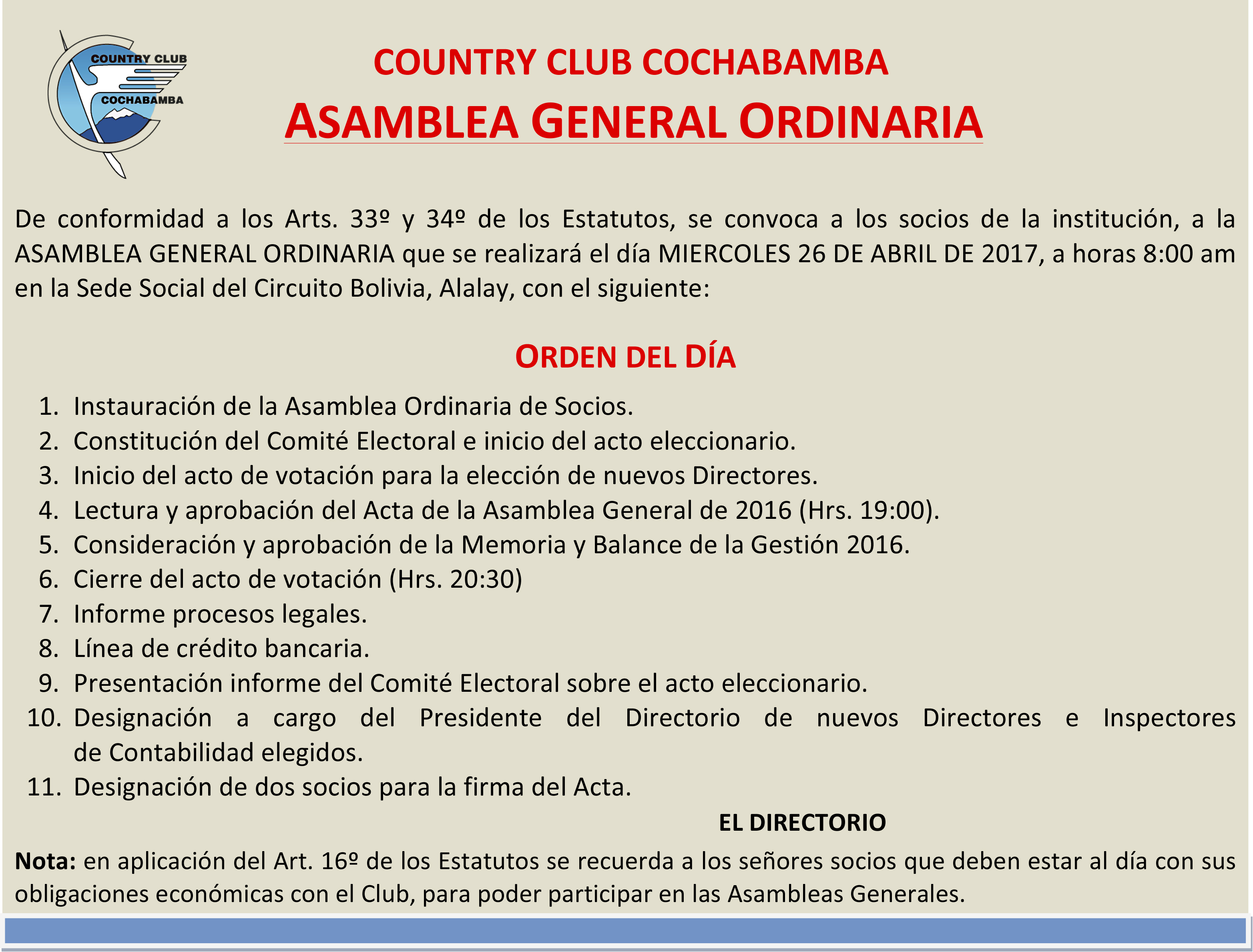 Convocatoria Asamblea General Ordinaria Country Club Cochabamba