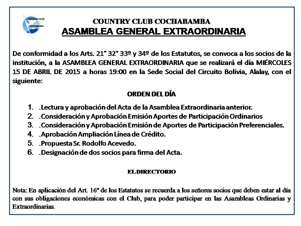 Convocatoria Asamblea Extraordinaria | Country Club Cochabamba